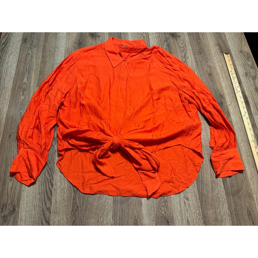 City Chic Shirt Womens Size M Orange Blouse Tie Front Long Sleeve Button Up